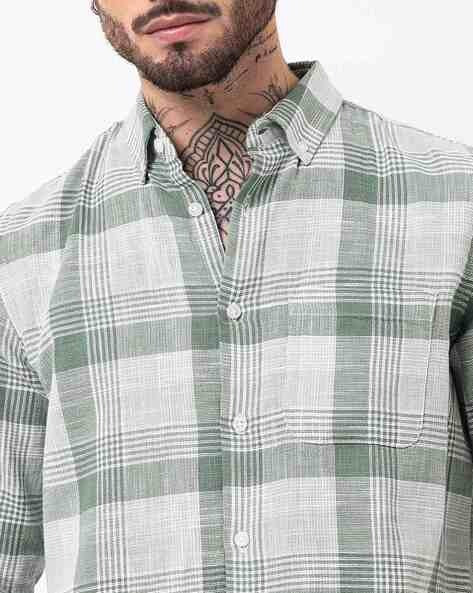 Men Comfort Button-Down Collar Tartan Checked Cotton Casual Shirt