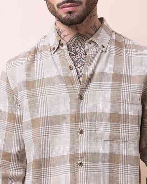 Men Comfort Button-Down Collar Tartan Checked Cotton Casual Shirt