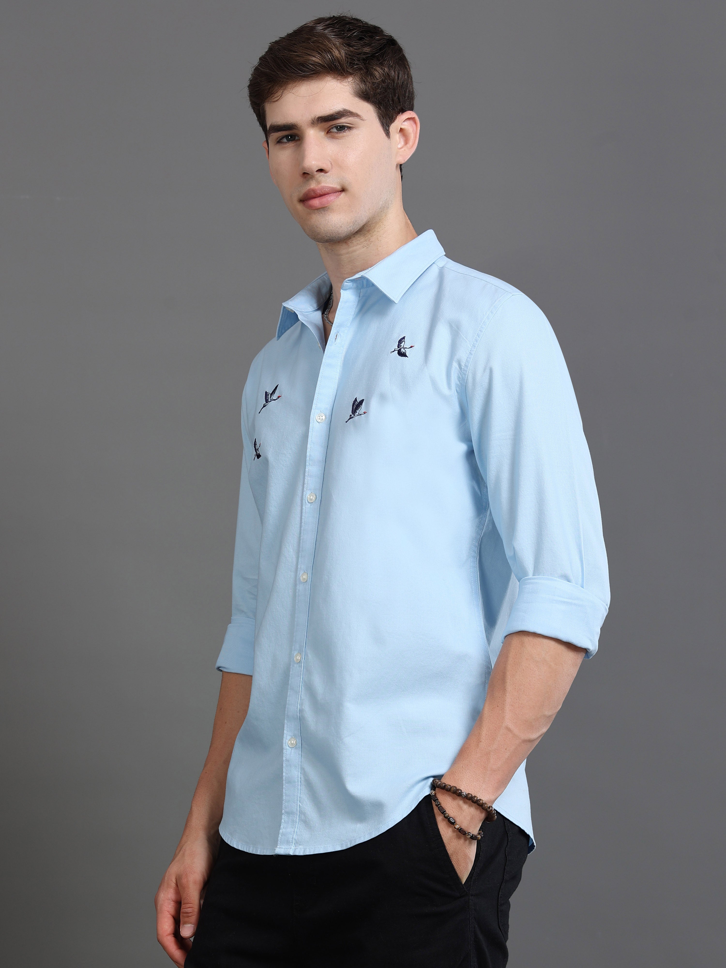 Men Oxford Embroidary Slim Fit Shirt