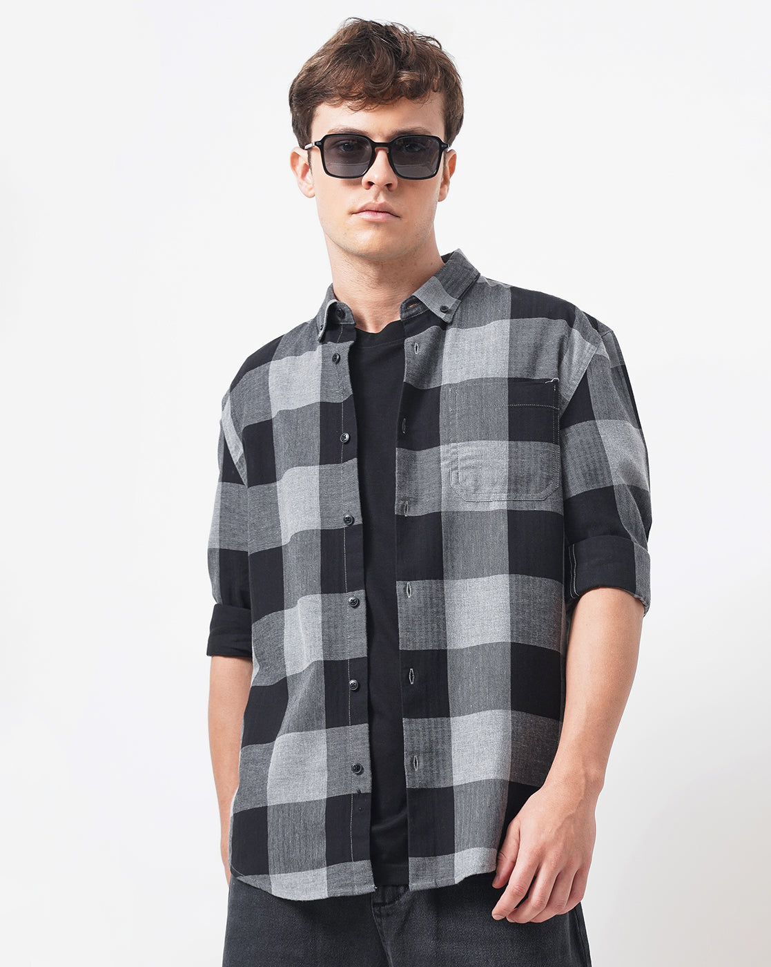 Men Standard Button-Down Collar Gingham Checked Cotton Casual Shirt