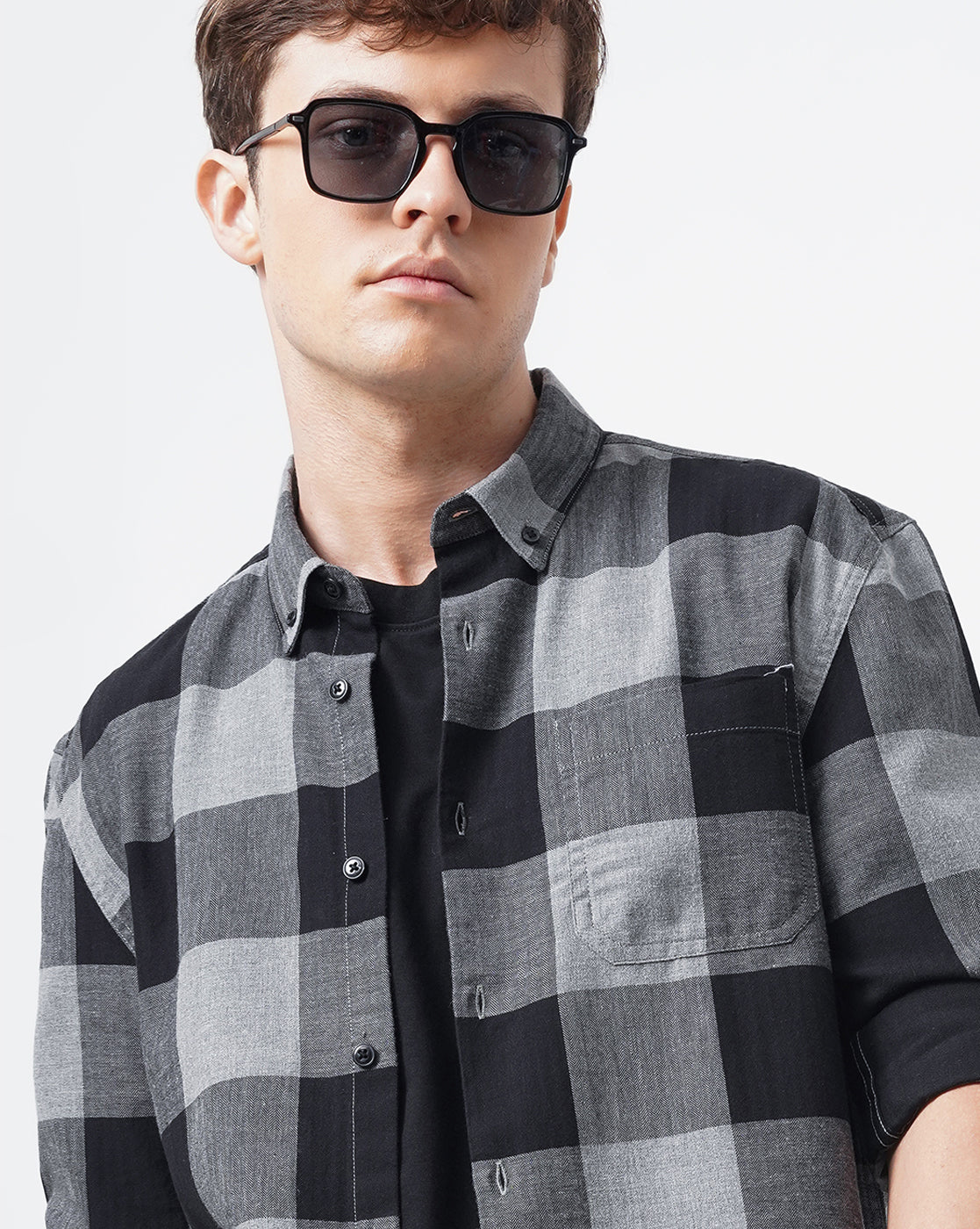 Men Standard Button-Down Collar Gingham Checked Cotton Casual Shirt