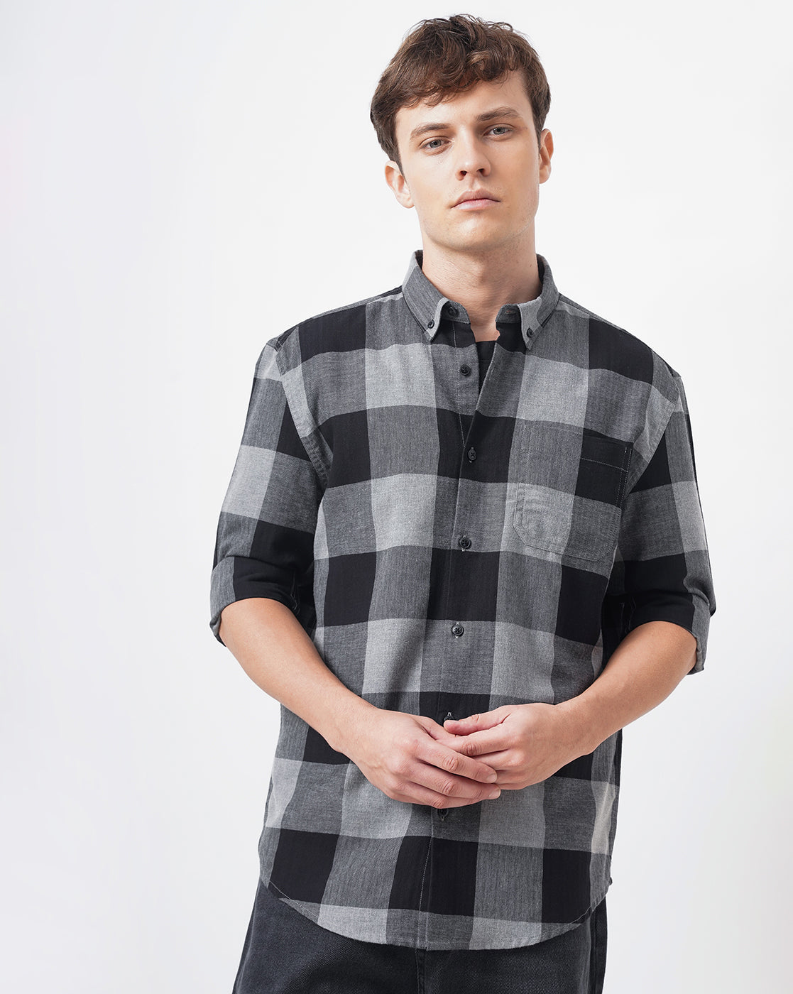 Men Standard Button-Down Collar Gingham Checked Cotton Casual Shirt