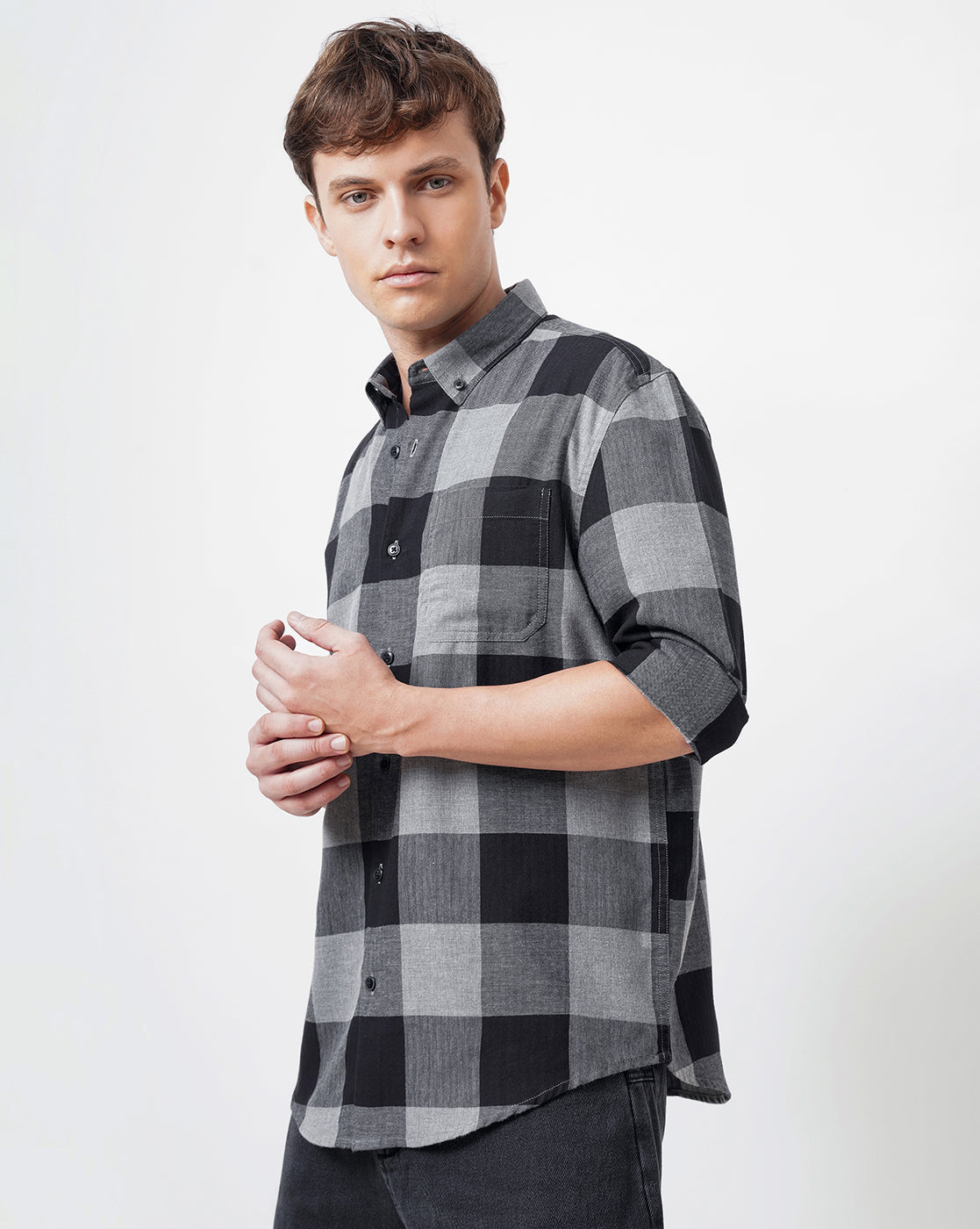 Men Standard Button-Down Collar Gingham Checked Cotton Casual Shirt