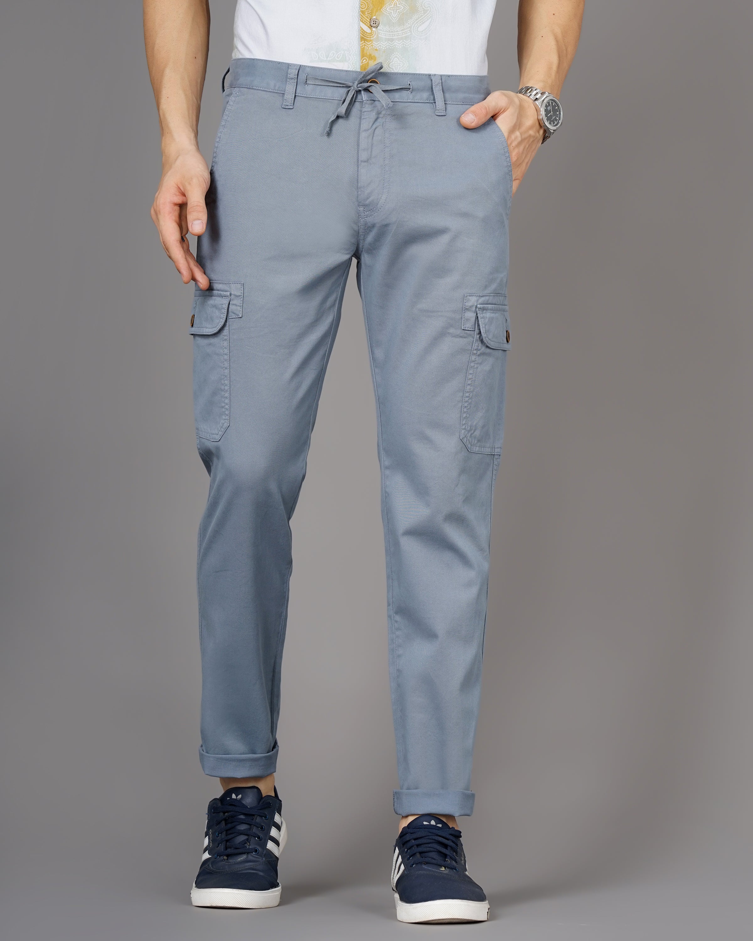 Mens Smart Regular Fit Low-Rise Cotton Cargos Trousers