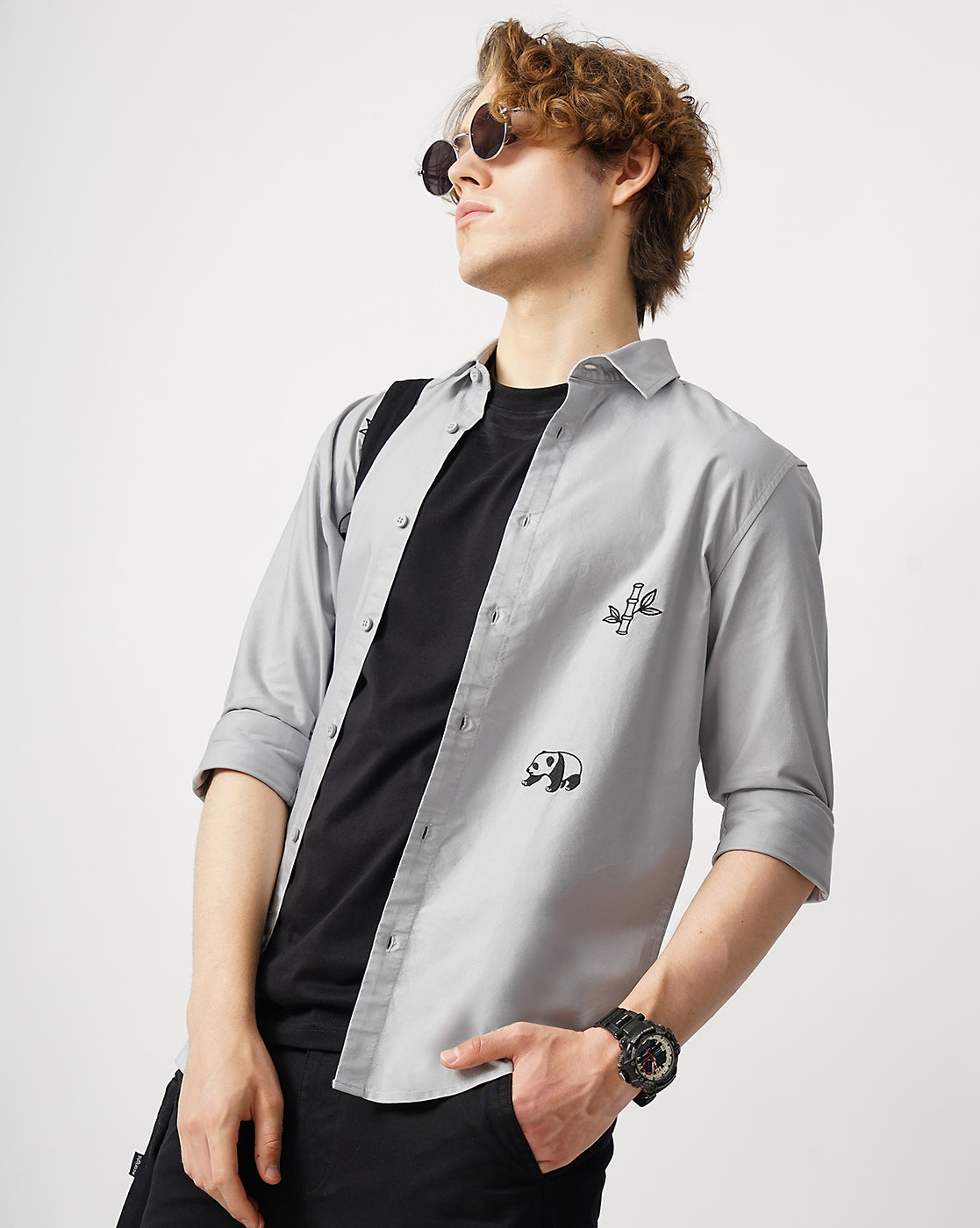Panda Embroidery and Stem Embroidery Shirt