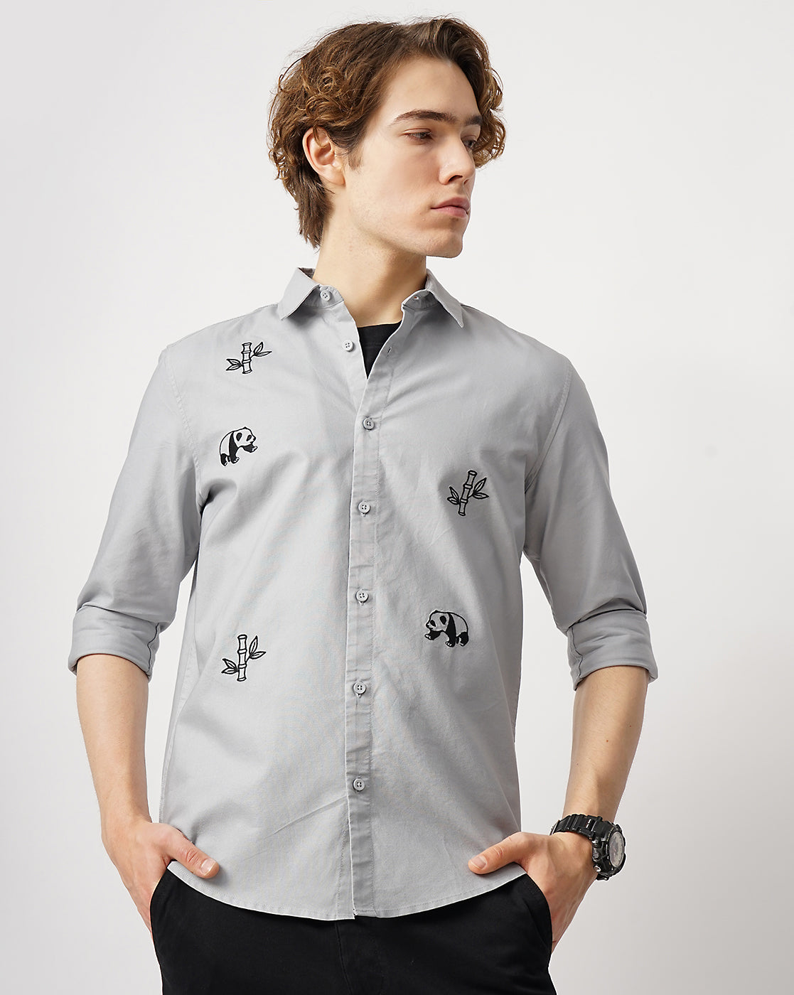 Panda Embroidery and Stem Embroidery Shirt