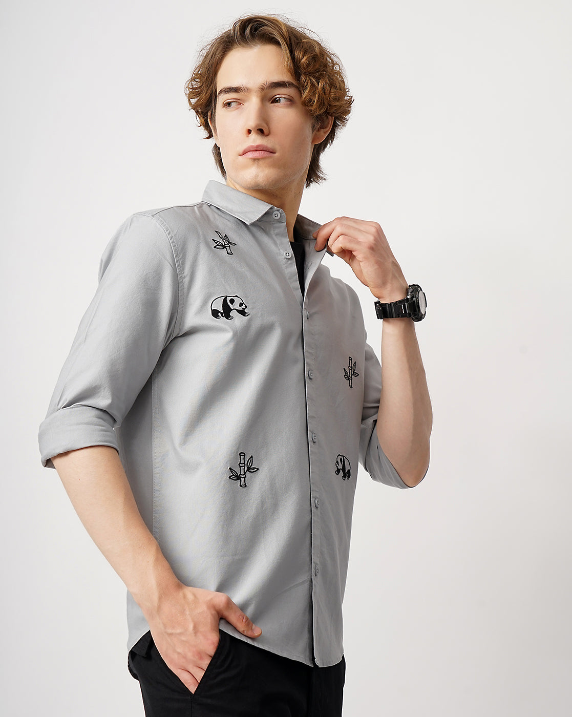 Panda Embroidery and Stem Embroidery Shirt