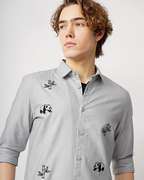 Panda Embroidery and Stem Embroidery Shirt