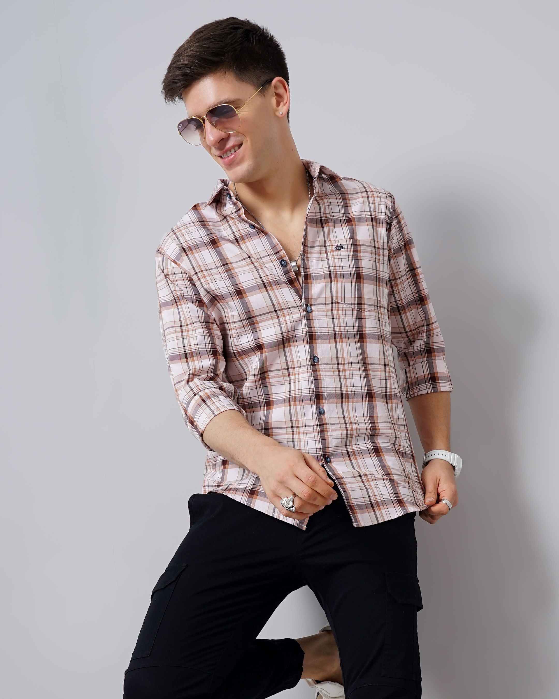 Windowpane Checks Slim Fit 60'S Giza Cotton Shirt