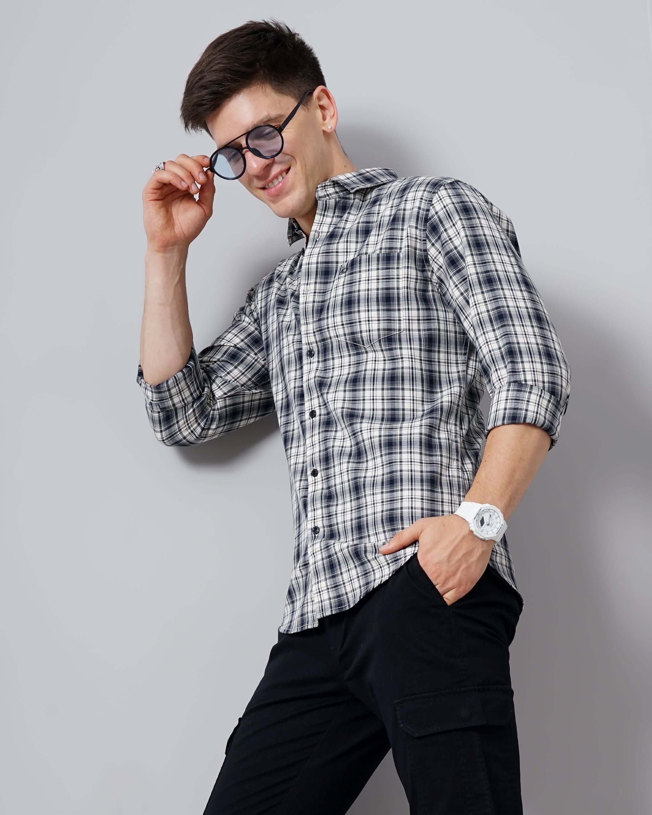 Windowpane Checks Slim Fit 60'S Giza Cotton Shirt