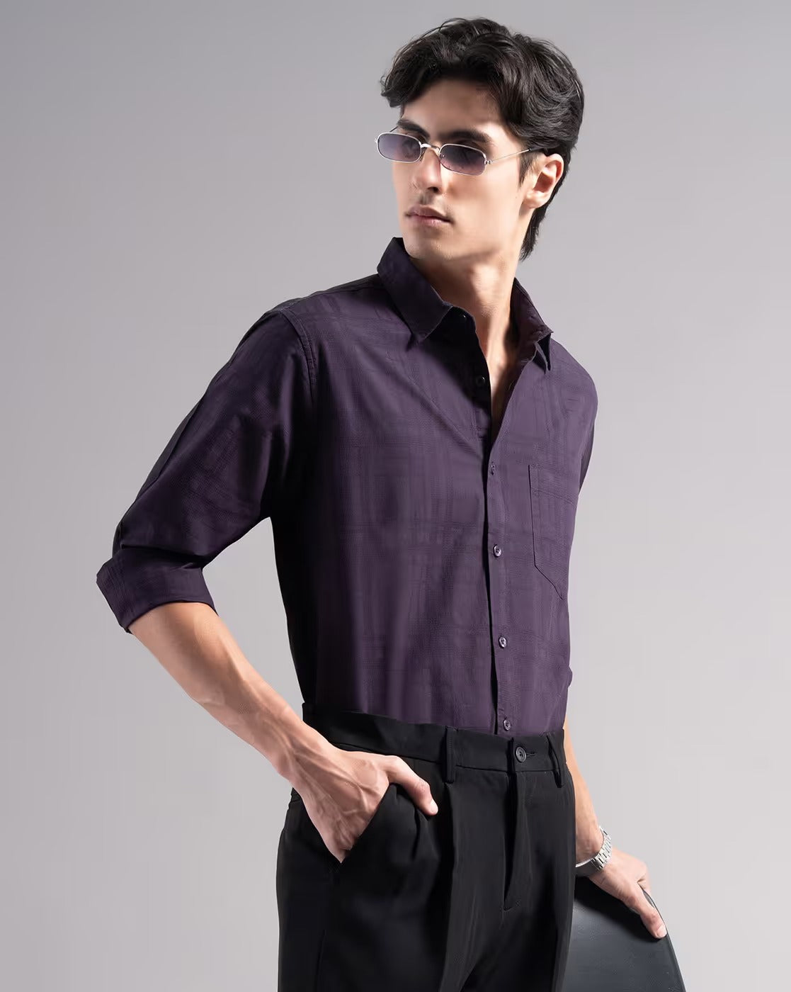 Men Self-Weaved Slim Fit Shirt